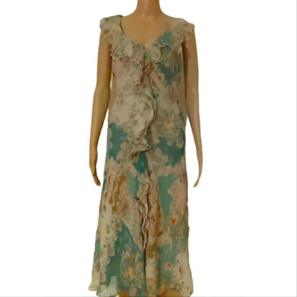 NWT David Warren Chiffon Dress Womens Teal & Cream Floral Lined Ruffle V-Neck - Picture 2 of 7